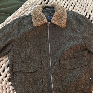 Pendleton Gray Herringbone Bomber Jacket with Sherpa Collar